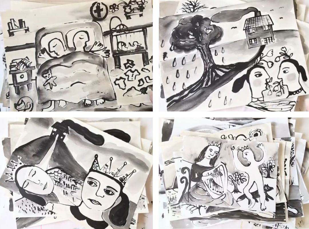 A huge amount of ink drawings from the imagination of Ann Marie Whitton depicting her childhood with her sisiter